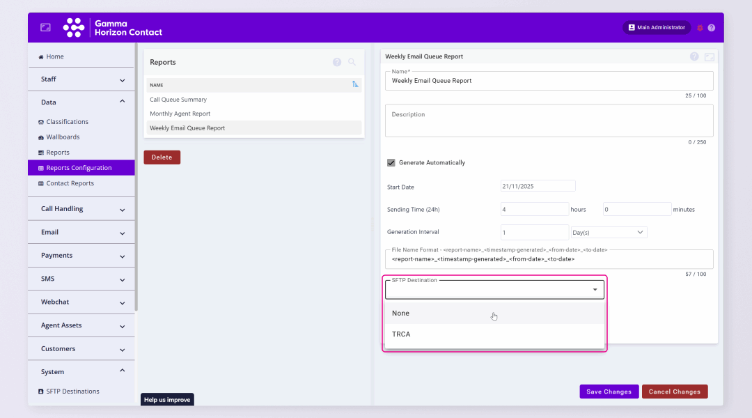 3. If required select an SFTP destination from the dropdown list
